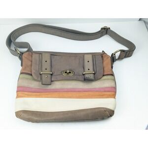 Fossil Crossbody Bag‎ Leather Patchwork Flap Turn Lock Brown Multi